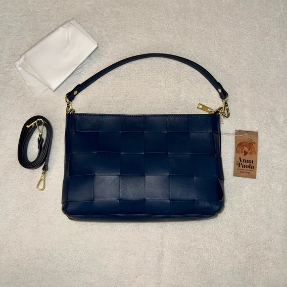 Anna Paola Leather Basketweave Zip Top Brit Shoulder Bag Made in Italy Navy Blue - Picture 3 of 10